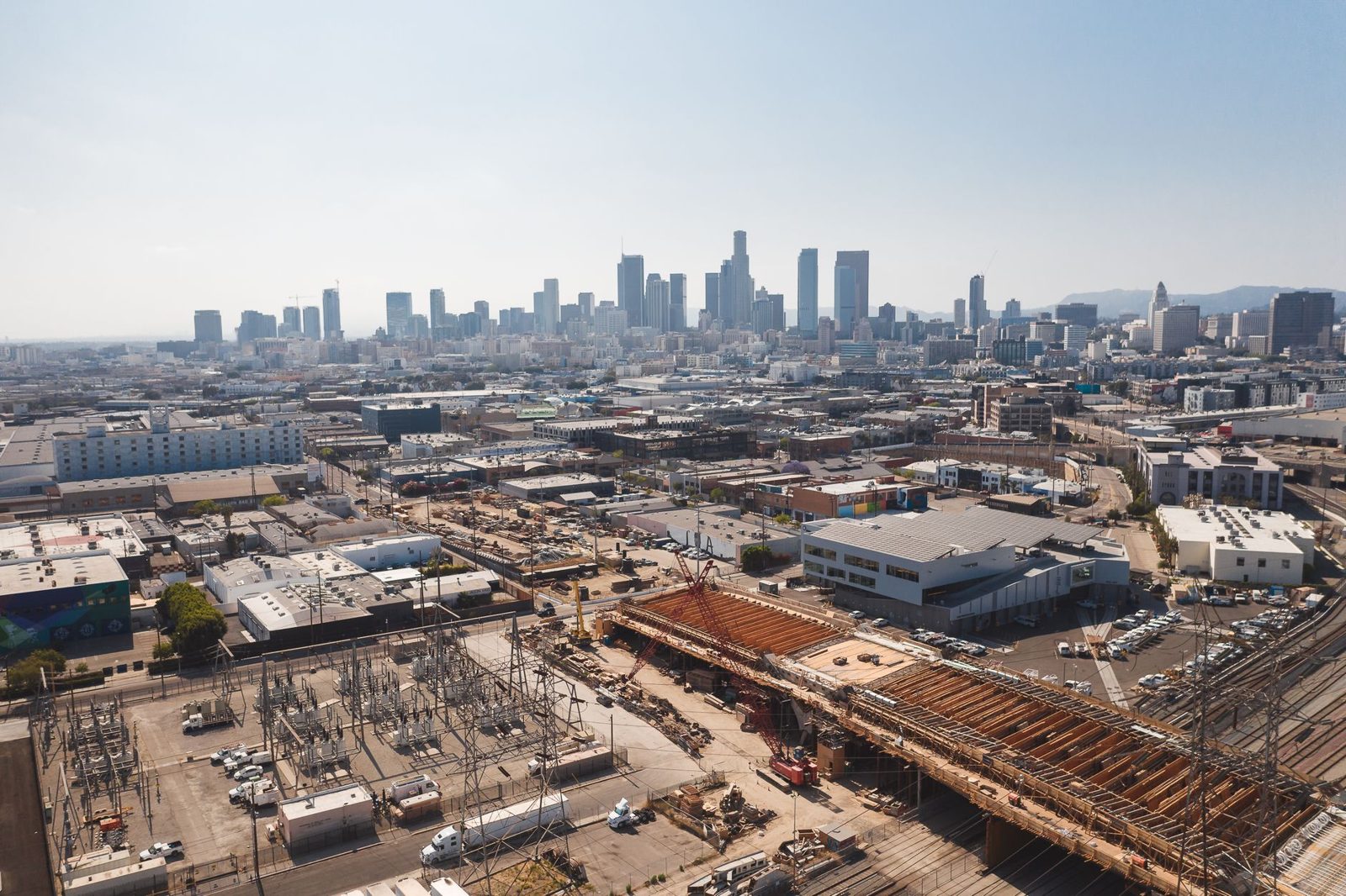 Downtown Los Angeles beyond a rail yard and construction