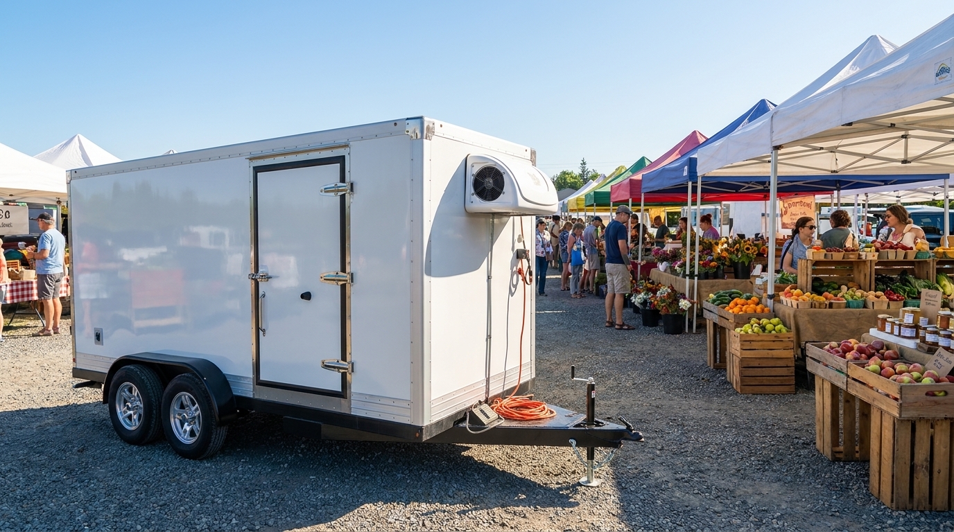 A white refrigeration trailer backed to a Central Valley produce packing dock under a hot clear sky, workers moving pallets of citrus