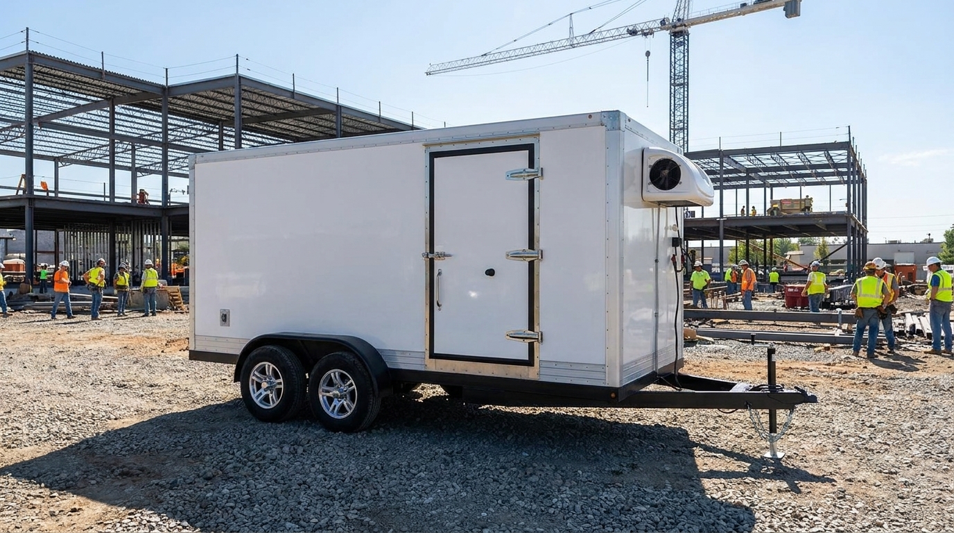 A refrigeration trailer parked at a military dining facility on a base, service vehicles and a flag in the background under a bright sky