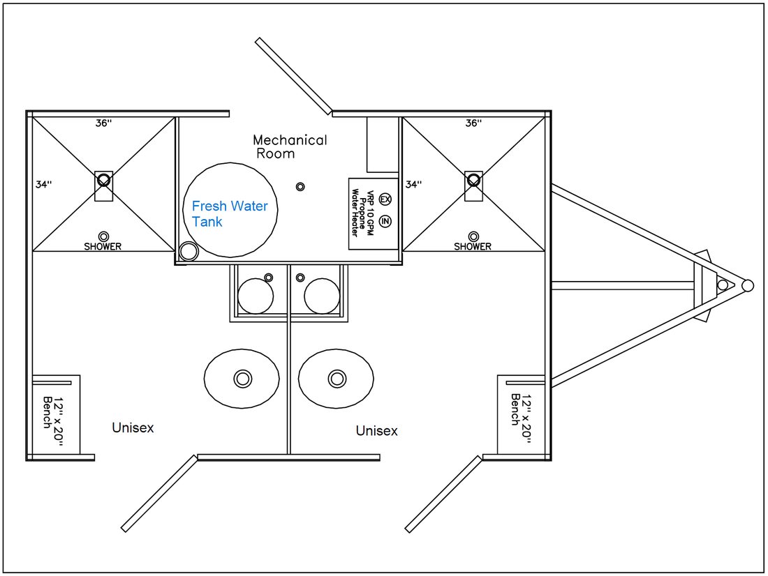 Two suite layout with mirrored fixtures and the shared water heating bay between them