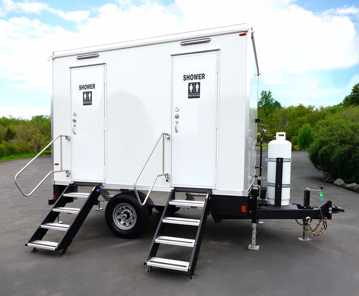 Twin suite combo rental where each locking door opens to a shower, toilet and sink