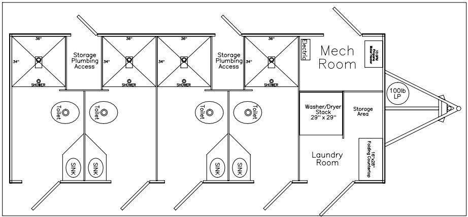 Chassis plan mapping washers and dryers at the tongue end through showers to the restroom stations
