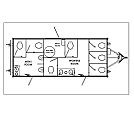 Nine station plan with full women's and men's wings plus shared sink counters at each entrance