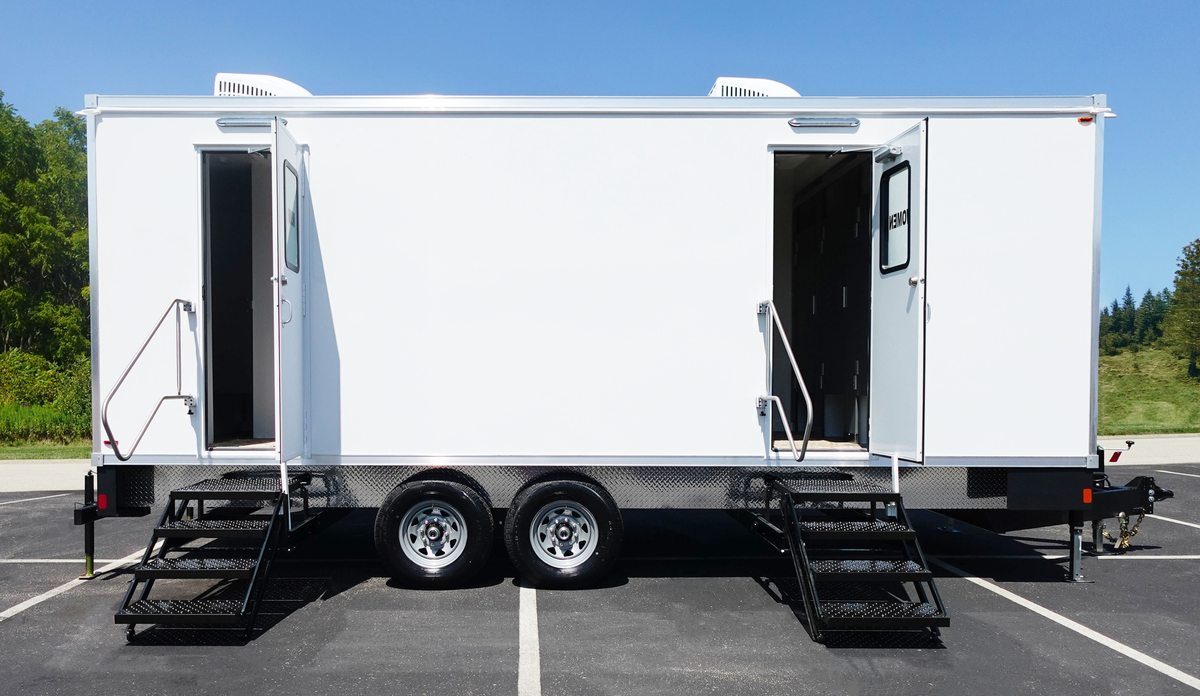 High capacity 9 station portable restroom trailer built for festival crowds and disaster basecamps