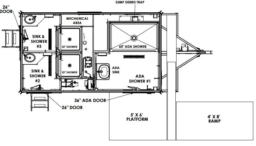 Drawing of the roll in ADA shower suite and the pair of standard stalls sharing one chassis