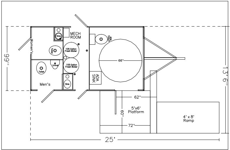 Measurement drawing of the accessible suite turning circle beside two standard stations