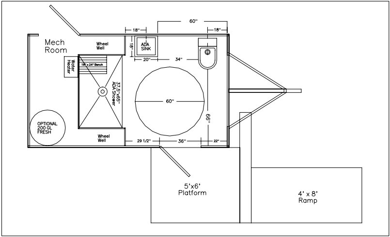 Suite drawing showing roll in shower, toilet and sink arranged around the turning circle