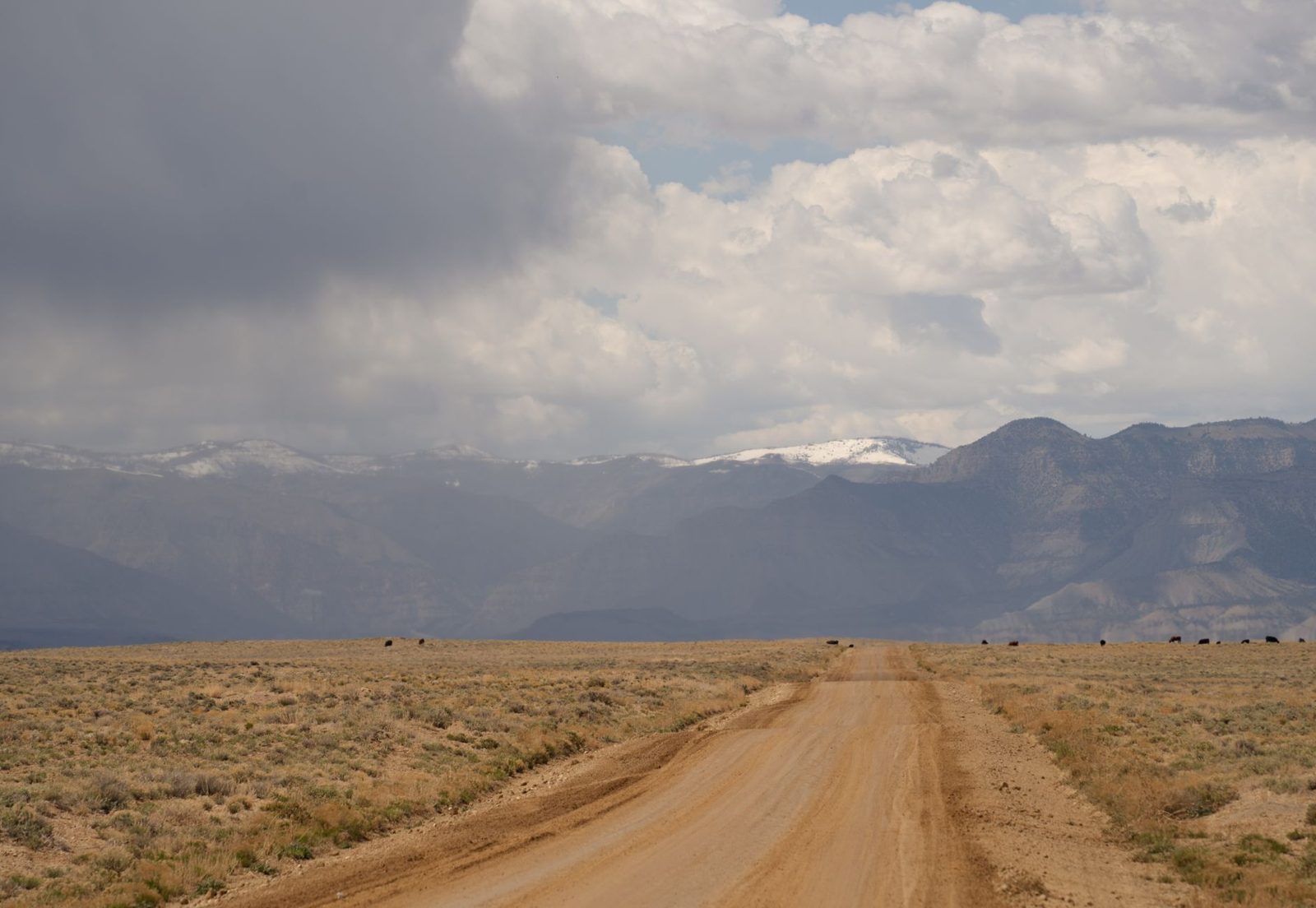 A dusty dirt road crossing a dry desert valley