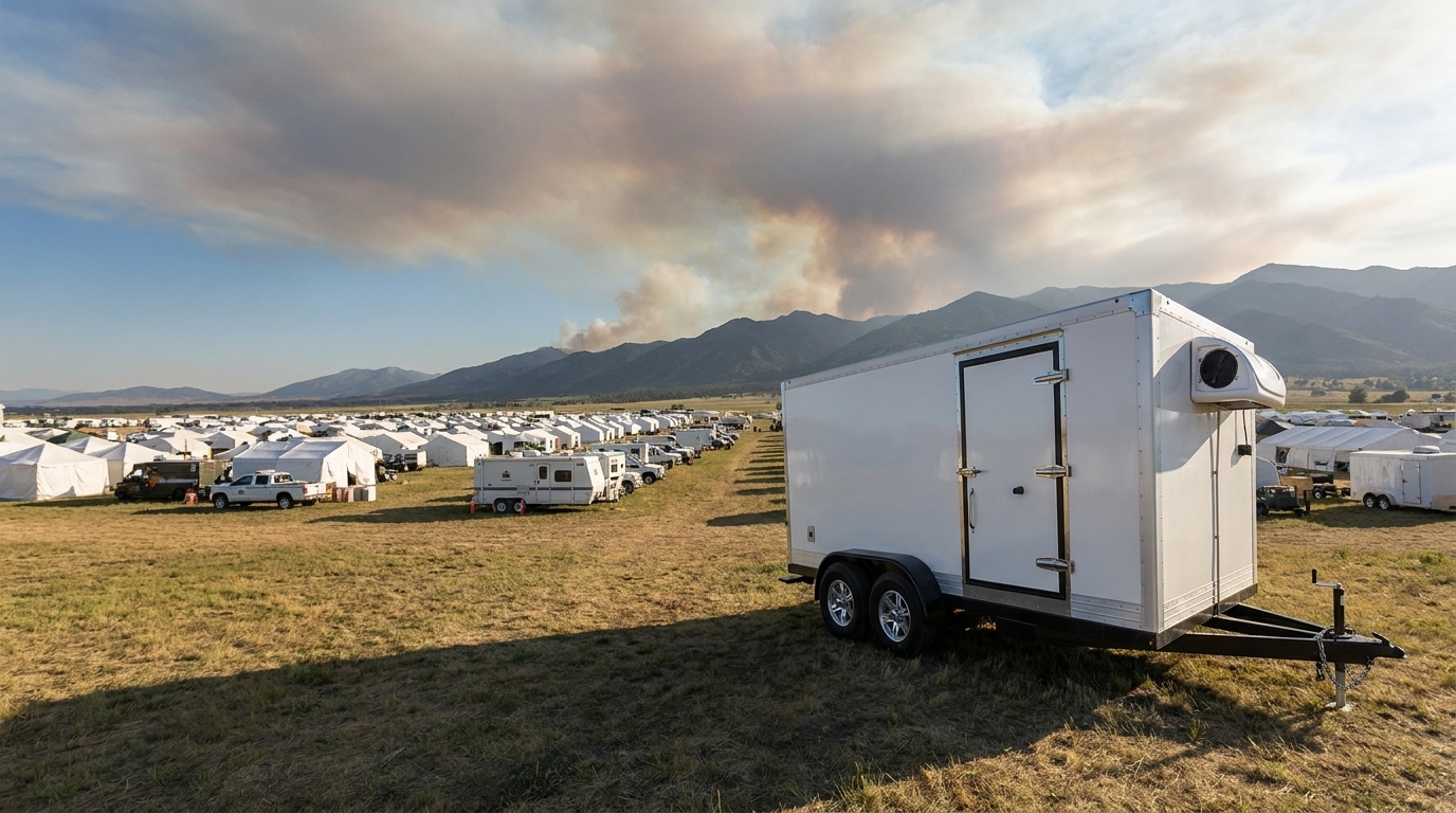 A generator powered freezer trailer at a remote wildfire incident base camp in the Nevada high desert with mobile catering tents nearby