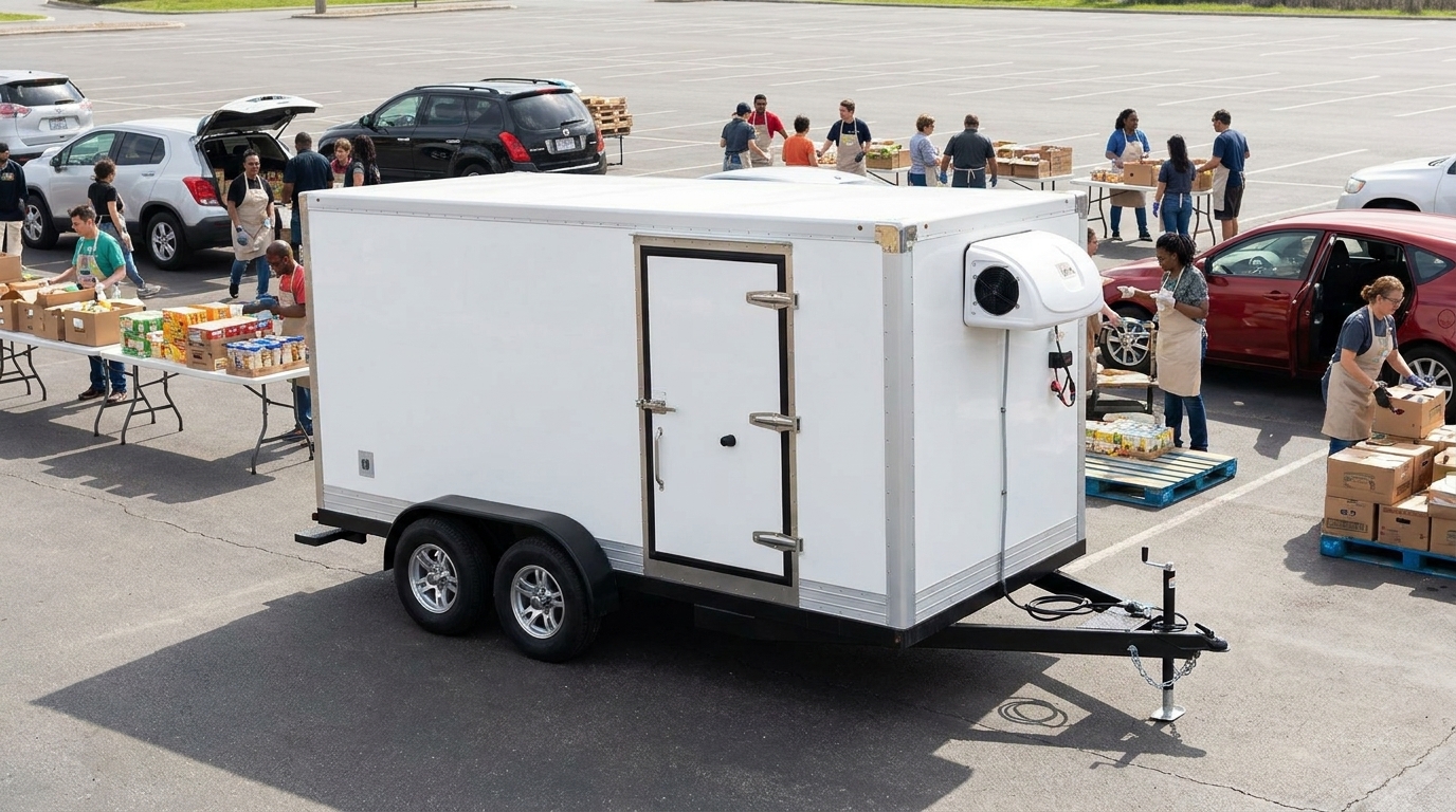 Refrigeration trailer backed to a large temperature-controlled distribution warehouse dock in northern Utah, workers moving pallets