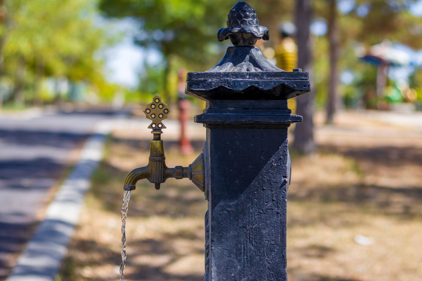 An outdoor public drinking water tap running beside a paved path