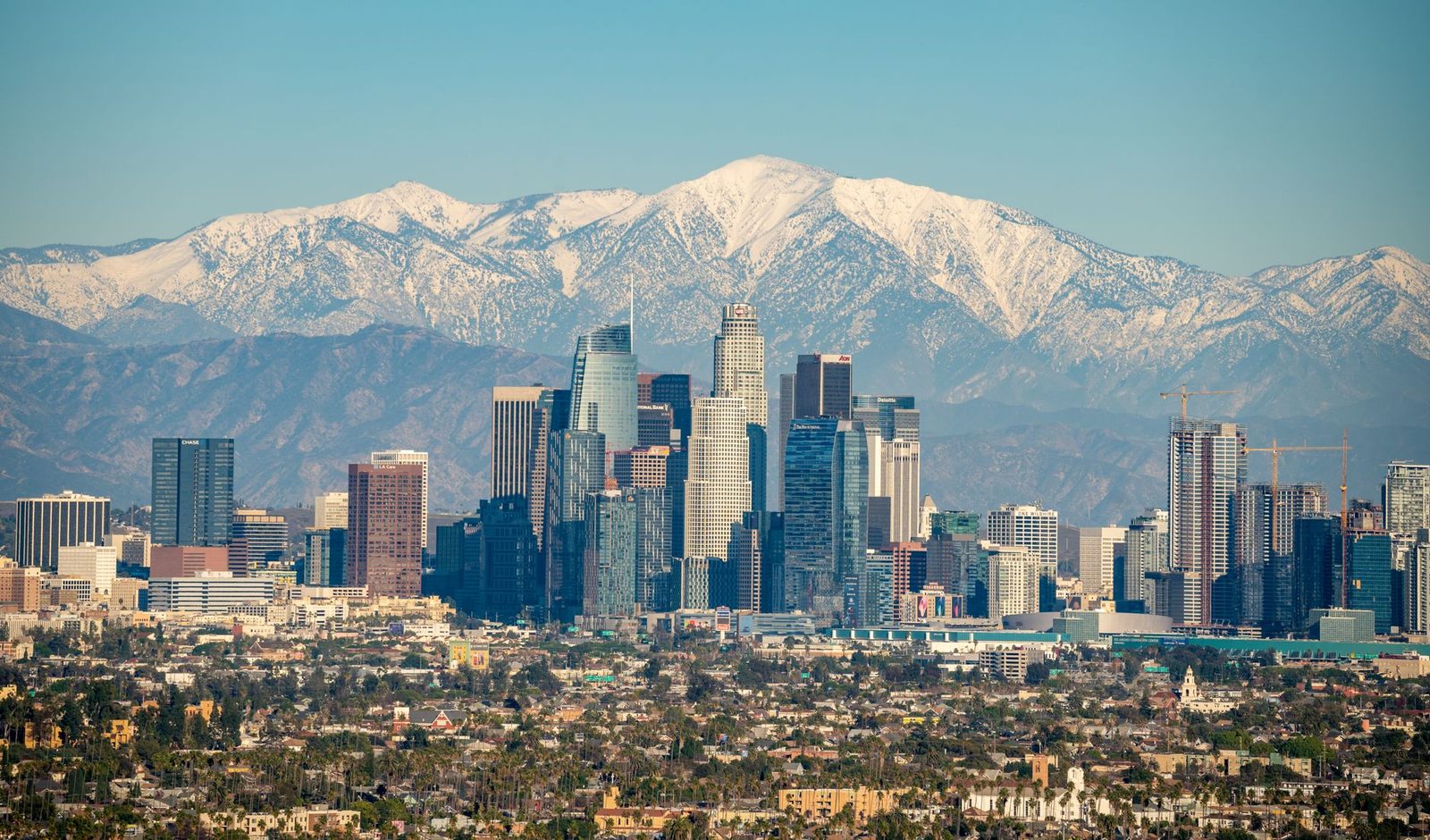 The Los Angeles basin skyline with the San Gabriel Mountains behind it
