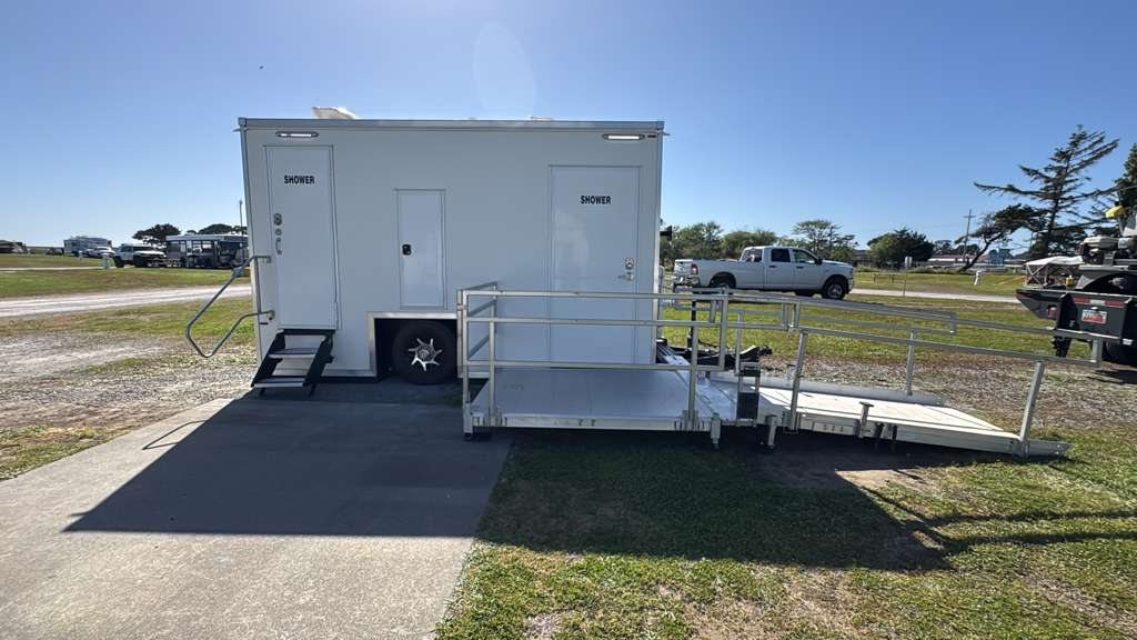 ADA +2 shower trailer staged at the coastal field, an Arizona shower trailer rental job